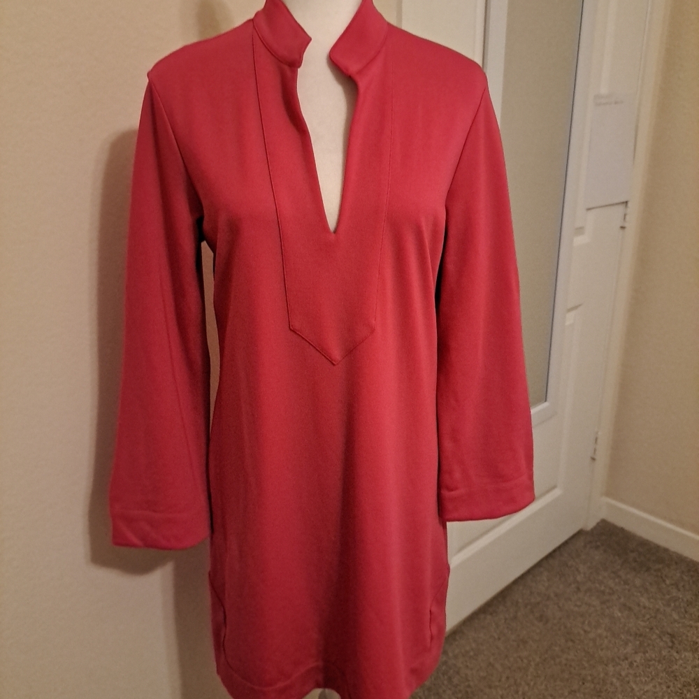 Jude Connally Kate Ponte V-Neck Stand Collar Bracelet Sleeve Pink Dress L EUC - Picture 2 of 10
